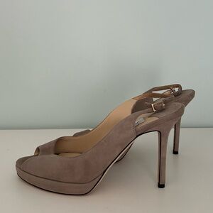 Like new Jimmy Choo Taupe Suede Slingback Peep-Toe Heels